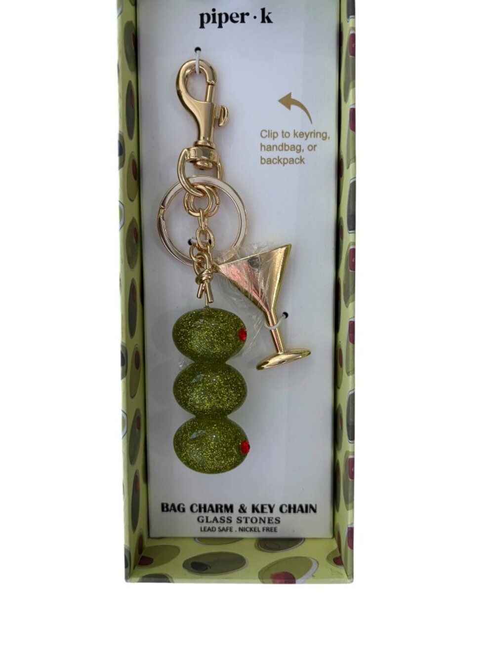 Piper K Martini Glass and Green Olive Bag Charm